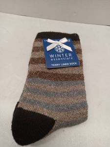 lot 65426 image: FACTORY SEALED - Winter Essentials Ladies Terry Lined Striped Socks, Shoe Size 4-10