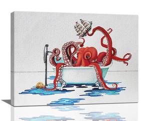 lot 65441 image: FACTORY SEALED - Chicvali Octopus Decor Bathroom Wall Art Ocean Pictures Wall Decor Funny Bathroom Canvas Prints Painting Octopus Decorations Framed Artwork for Bathroom Living Room Bedroom 16x12