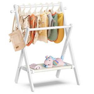 lot 56620 image: FACTORY SEALED - Dual rod rack with shelf only. Can be used for Baby Clothing Rack for Baby Shower, Rack with Storage Shelf & Double Rods, Toddler Clothes Rack, storage for quilts or blankets, pool side to hang towels etc. X frame allows for easy storage.