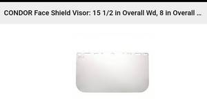 lot 56642 image: FACTORY SEALED - (Lot of 50 face shield) CONDOR Face Shield Visor 15 12 in Overall Wd, 8 in Overall Ht, Clear, Uncoated, PolycarbonateItem 4EZC5Mfr. Model 4EZC5  - Retail $448