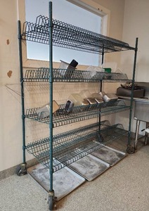 lot 17798 image: Commercial Kitchen Dish Drying Rack on Wheels - Contents Included