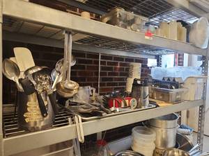 lot 17816 image: Contents of Shelf W Commercial Metal Ladles, Whisks, Storage Containers, Cutting Boards, and More