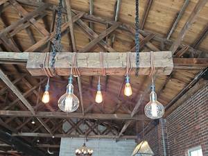 lot 18421 image: Industrial Wood Beam Light Fixture with Edison Bulbs