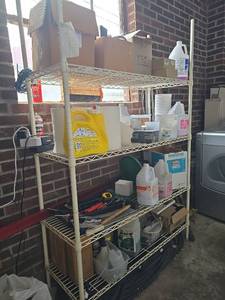 lot 18434 image: White 4-Tier Metro Shelf W Cleaning Supplies &amp Various Tools