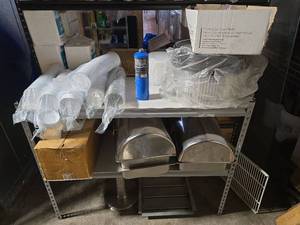 lot 18438 image: Metal Shelf W Stainless Steel Food Warmers, Bundles Of White Lids, and More