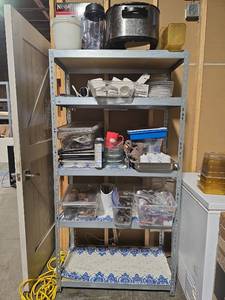lot 18442 image: 5-Teir Adjustable  Shelf W Cambro Containers, Small Wares and More