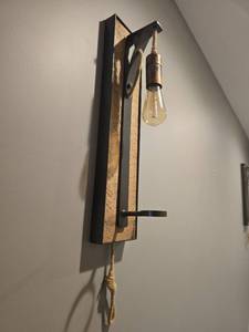 lot 18468 image: Rustic Wood Wall Sconce with Rope Pull - Set of 2
