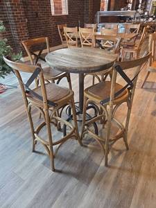 lot 19028 image: French Bistro Style Bar Set - Round Table with (4) Cross-Back Chairs