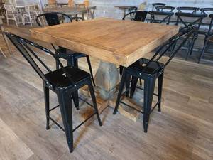 lot 19031 image: Wooden Square Table With (4) Black Metal Chairs