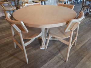 lot 19038 image: Round Whitewashed Table with (4) Cane Woven Back Chairs