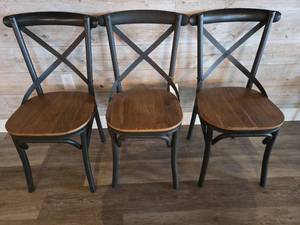 lot 19067 image: Industrial X-Back Dining Chairs with Wood Seats - Set of 3