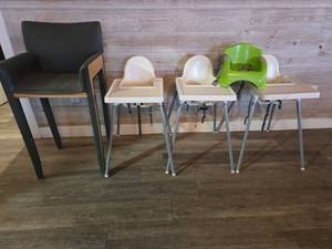lot 19079 image: Assorted Lot W (3) High Chairs, (1) Booster Seat, and (1) Bar Height Chair
