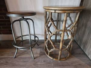 lot 19083 image: Chinois Round End Table with Lattice Design and Wooden Stool