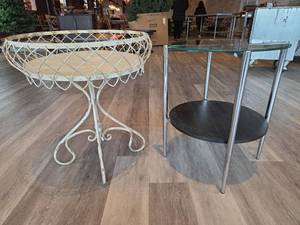 lot 19089 image: Decorative Metal Basket Stand and Glass Side Table