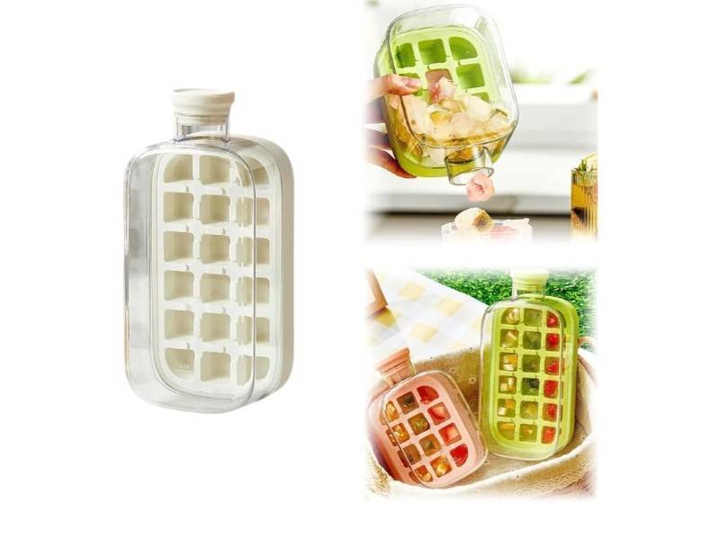 lot 5716 image: 2025 Ice Cube Bottle with Lid and Bin, 2 in 1 Touch-Free Ice Cube, Tray Water Bottle, 500ML Freezer Water Bottle Ice Mold for Tea Coffee, Juice (White 800 ml  18Grids)