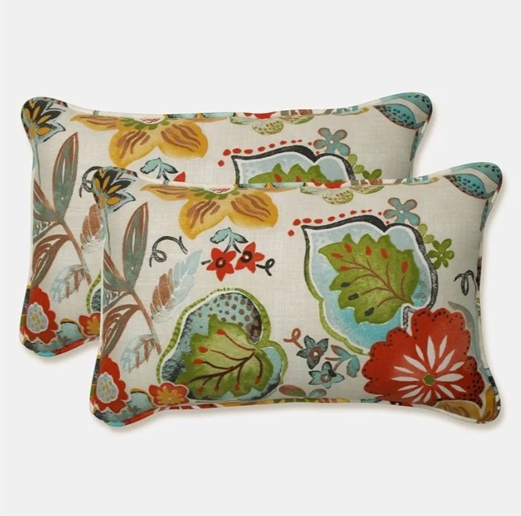 lot 6940 image: Pillow Perfect Bright Floral IndoorOutdoor Throw Pillows, 2 Count, Lumbar - 11.5 x 18.5, Ivory Alastriste - Retail $52
