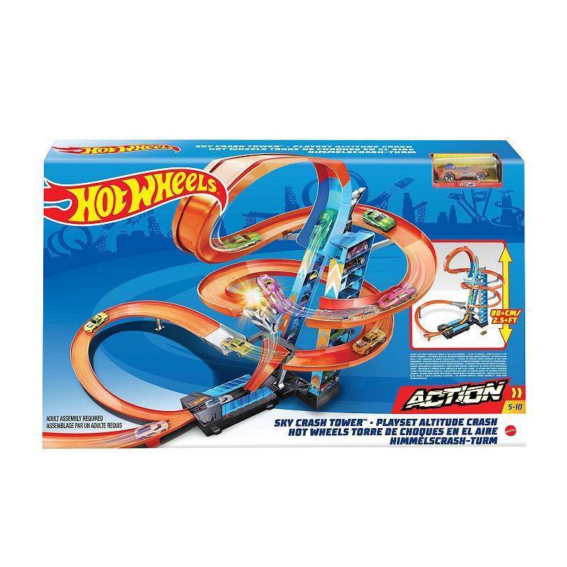 lot 13760 image: Hot Wheels Sky Crash Tower Motorized Track Set with Toy Car  Stores 20 164 Scale Cars  for Kids 5-10 years old (See Details) - Retail $49