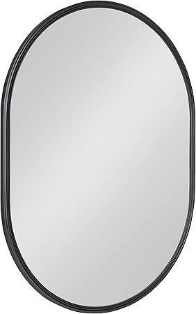 lot 8624 image: Kate and Laurel Caskill Modern Oval Mirror, 18x 24, Black, Capsule-Shaped Accent Mirror for Entryway, Living Room, or Bathroom - Retail $117