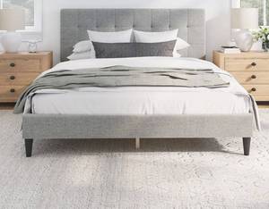 lot 14505 image: Mainstays Hillside Square Tufted Upholstered Queen Platform Bed, Light Gray Fabric (Missing Support Bar) - Retail $148
