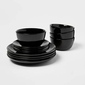 lot 14525 image: 12pc Stoneware Avesta Dinnerware Set Black - Threshold Modern Solid Dish Set, Microwave & Dishwasher Safe