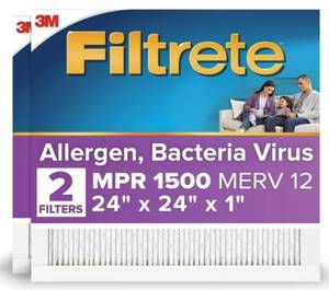lot 16144 image: PACK OF 3-Filtrete 24x24x1 HVAC Furnace Air Filter, MPR 1500 MERV 12, Allergen, Bacteria and Virus, 3 Filters (See Details)