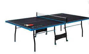 lot 16150 image: MD Sports Official Size Indoor Table Tennis Pong Table, 4 Piece Foldable Design with Net, Paddles & Balls  BlueBlack - Retail $229