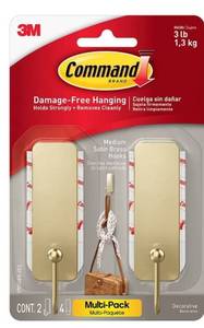lot 16168 image: Command 2pk Damage-Free Hanging Medium Decorative Satin Brass Hooks for Holiday Decoration