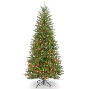 lot 21486 image: National Tree Company 6.5 Pre-Lit Slim Dunhill Fir Artificial Christmas Tree with Multicolor Lights Slim Profile, Hinged, Indoor Use - Retail $193