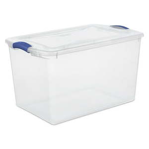 lot 21501 image: Pack of 6 ,Sterilite Large Storage Bin  66 Quart Clear Plastic Storage Container with Latch Lid  Blue - Retail $54