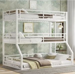 lot 21508 image: LuckynoteTwin over Twin over Full Bunk Bed, Metal Triple Bunk Bed with Safety Guardrails, Heavy-duty Bunk Bed with Noise-reduced Design, White - Retail $200