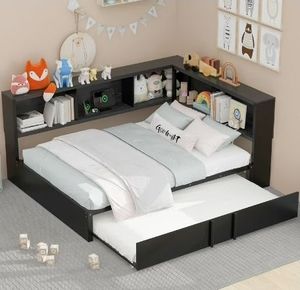 lot 21509 image: Metal Full Size Daybed with Trundle, Storage Cabinets and USB Ports, Black - Retail $378