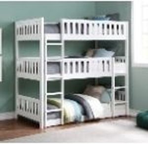 lot 21510 image: WOOD TRIPLE TWIN BUNK POST LEGS, SHORT RAILS AND SLATS (WHITE FINISH) - Retail $650