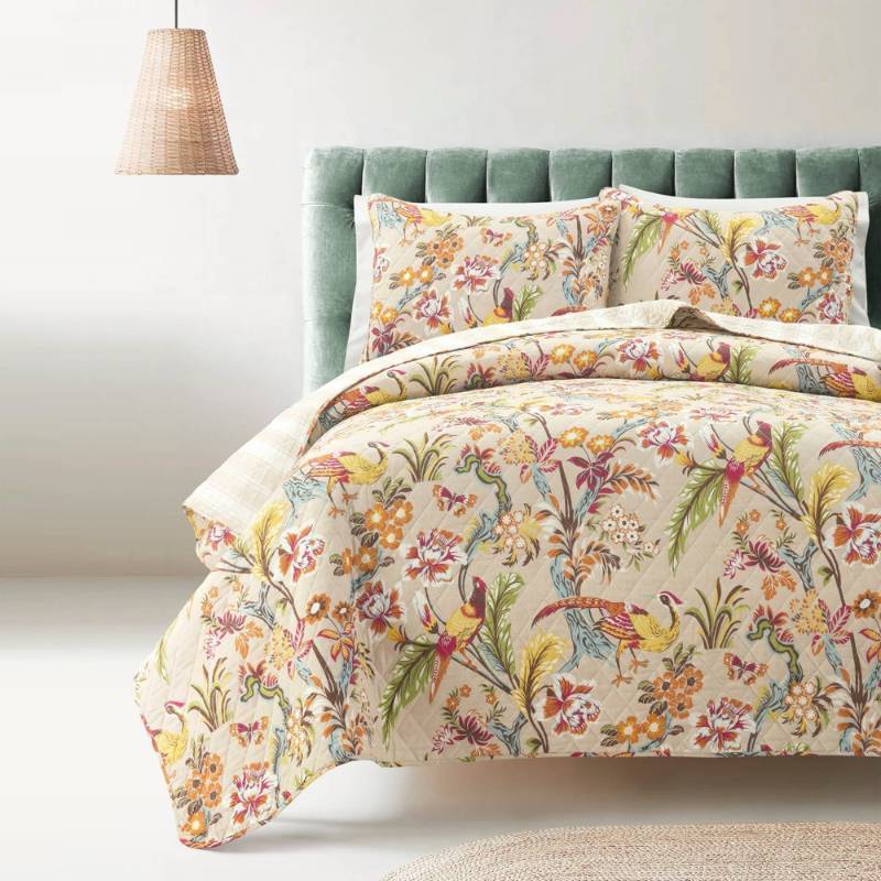 lot 13780 image: Lush Decor 3pc King Dolores Reversible Quilt Set Neutral OEKO-TEX Certified, Botanical Pattern, Year-Round Comfort - Retail $119
