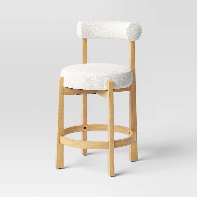 lot 21127 image: Sculptural Upholstered and Wood Boucle Counter Height Barstool Cream - Threshold Round, Stained, Polyurethane Foam Filled - Retail $160