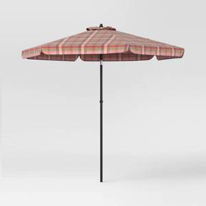 lot 14664 image: 7.5 Plaid Scalloped Edge Outdoor Round Patio Market Umbrella with Black Pole - Threshold - Retail $80