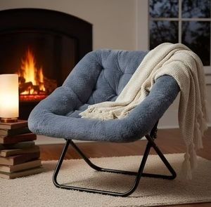 lot 21663 image: Pack of 2, Folding Saucer Chair, X-Large Faux Fur Comfy for Lounge, Bedroom, Adults, Gray