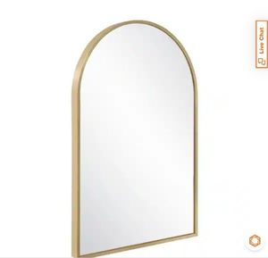 lot 21668 image: 24 in. W x 36 in. H Arched Modern Metal Framed Wall Mounted Bathroom Vanity Mirror in Brushed Gold - Retail $97