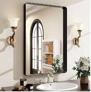 lot 21669 image: 30x22 Black Bathroom Mirror - Modern Mirror for Wall with Rounded Corners Bathroom Mirrors for Vanity, Aluminum Alloy Framed Mirror Portrait or Landscape Hang, Rectangle Mirrors for Bedroom