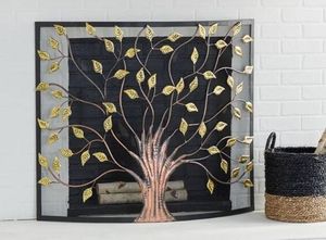 lot 21670 image: Bronze Metal Sculpted Relief Single Panel Tree Fireplace Screen with Curved Mesh Netting size 42 x 32 inch