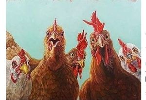 lot 21673 image: Picture Peddler Chicken for Dinner by Lucia Heffernan Funny Chickens Whimsical Image and Overall Size 35x24