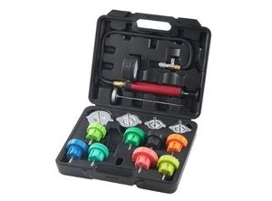 lot 21702 image: VEVOR 14 pcs Universal Radiator Pressure Tester Kit, Coolant Pressure Tester Kit with Manual Pump and Color-coded Steel Test Cap Adapters, with Toolbox, For Cars Motorcycles Trucks Cooling System - Retail $40