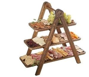 lot 21707 image: Gibson Home Truss Peak 3 Tier Serving Tray for Party, 18 Acacia Wood CupcakeCharcuterieDessert Farmhouse Tiered Platters with Collapsible Wood Rack -