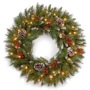 lot 21717 image: National Tree Company Pre-Lit Artificial Christmas Wreath  Green  Frosted Berry  Clear Lights  Decorated with Pine Cones  Berry Clusters  Frosted Branches  24 Inches