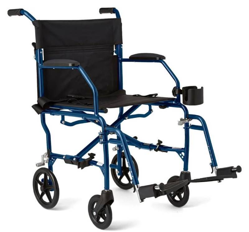 lot 14318 image: Medline Ultra Lightweight Transport Wheelchair for Adults, Foldable, 19-Inch Seat Width, Blue Frame, Black Upholstery - Retail $131