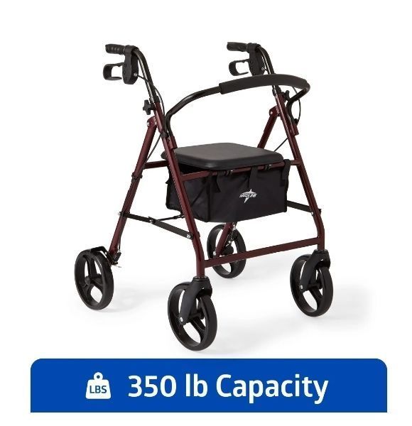 lot 14324 image: Medline Rolling Walker, Folding Rollator with Seat and 6-In Wheels, Burgundy, 350 lb Weight Capacity, Steel (Missing Parts) - Retail $93