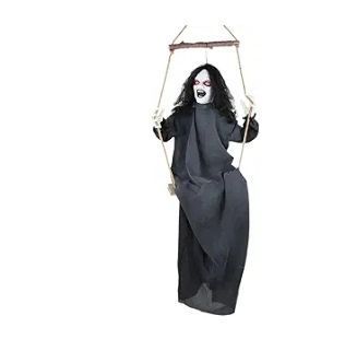 lot 21174 image: Haunted Hill Farm Animatronic Scary Talking Demon Woman on Swing with Touch Activated Lights and Sound, Battery-Operated Indoor or Covered Outdoor Halloween Decoration - Retail $43