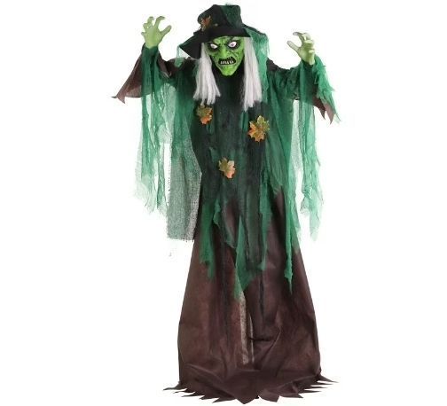 lot 21175 image: Haunted Hill Farm 6 ft Animatronic Talking Forest Witch with Movement and Lights for Scary Halloween Decoration, HHWITCH-44FLSA - Retail $82