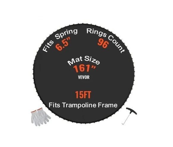 lot 21201 image: VEVOR Replacement Trampoline Mat, Jumping Mat Fits 15ft Frame, Universal Jumping Mat for 15ft Round Trampoline, Reinforce UV-Resistant Mat with Spring Tool & Durable V-Rings, Fit 6.5 Spring Length - Retail $59