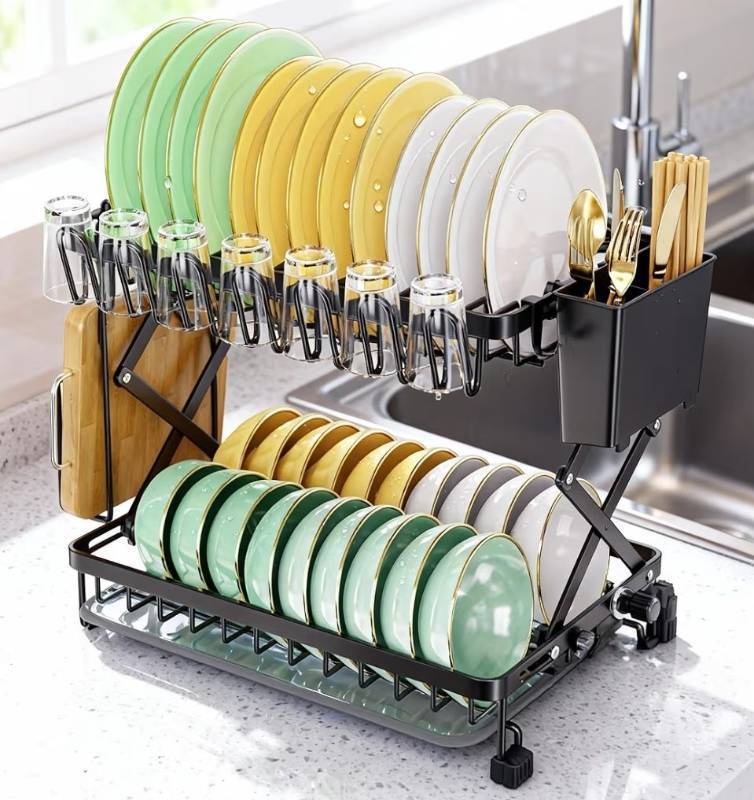 lot 13595 image: 2-Tier Dish Racks for Kitchen Counter, Stainless Steel Kitchen Dish Drying Rack Large Dish Drainers for Kitchens Counter, Space Saving Dishes Strainer for Bowl, Plate, Cup - Modern Counter Organizer