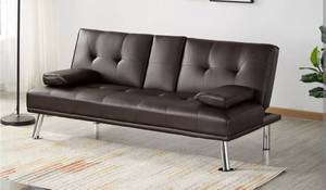 lot 14721 image: Renwick LuxuryGoods Modern Faux Leather Futon with Cupholders and Pillows, Espresso - Retail $158